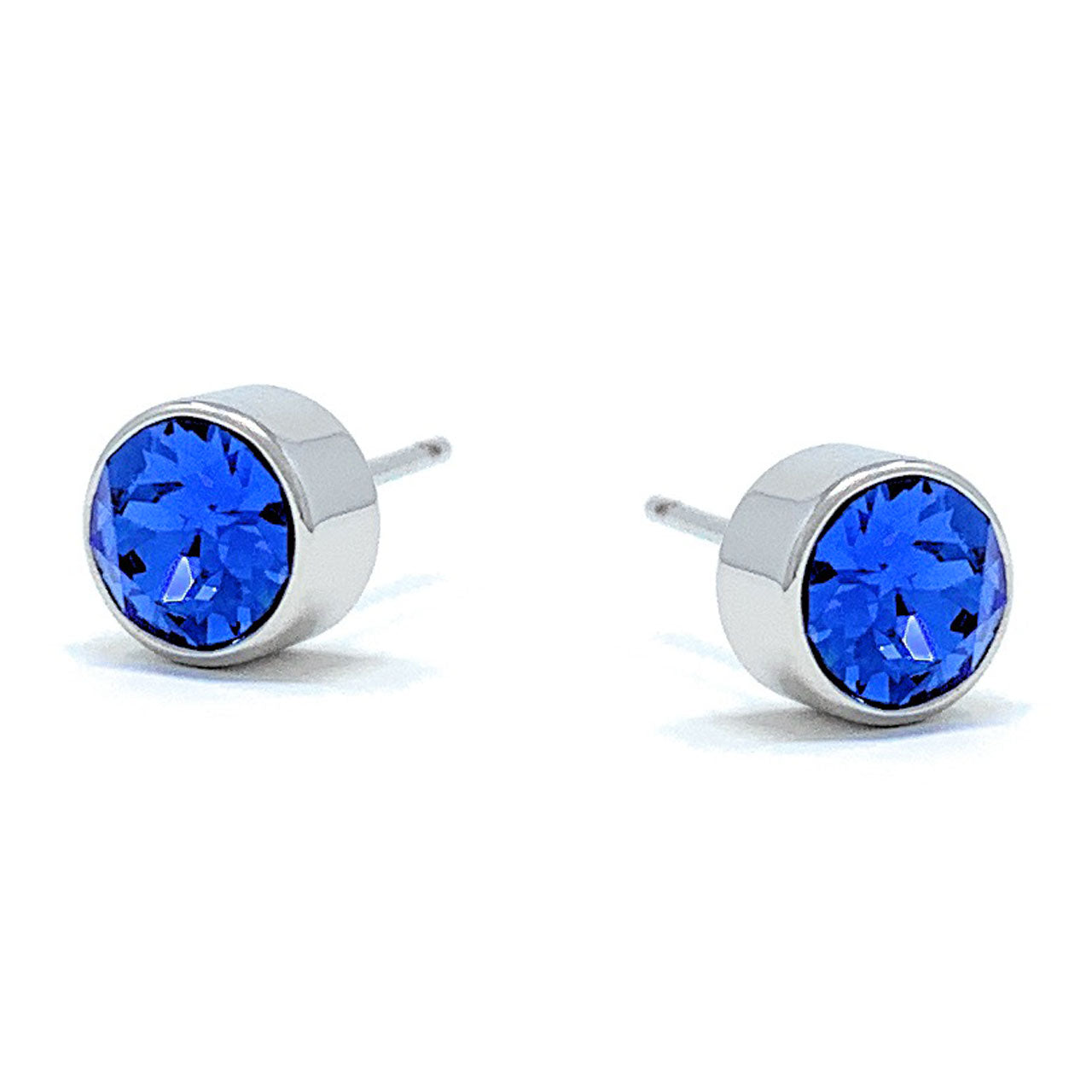 Harley Small Stud Earrings with Blue Sapphire Round Crystals from Swarovski Silver Toned Rhodium Plated - Ed Heart