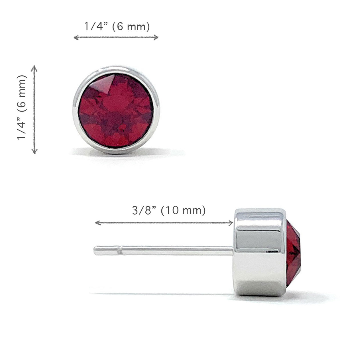 Harley Small Stud Earrings with Red Siam Round Crystals from Swarovski Silver Toned Rhodium Plated - Ed Heart