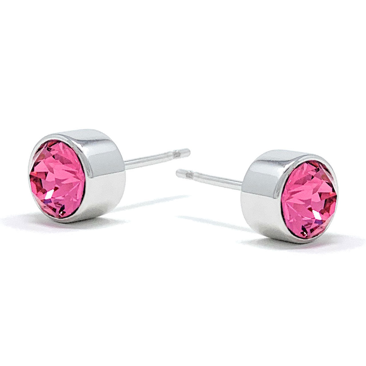 Harley Small Stud Earrings with Pink Rose Round Crystals from Swarovski Silver Toned Rhodium Plated - Ed Heart