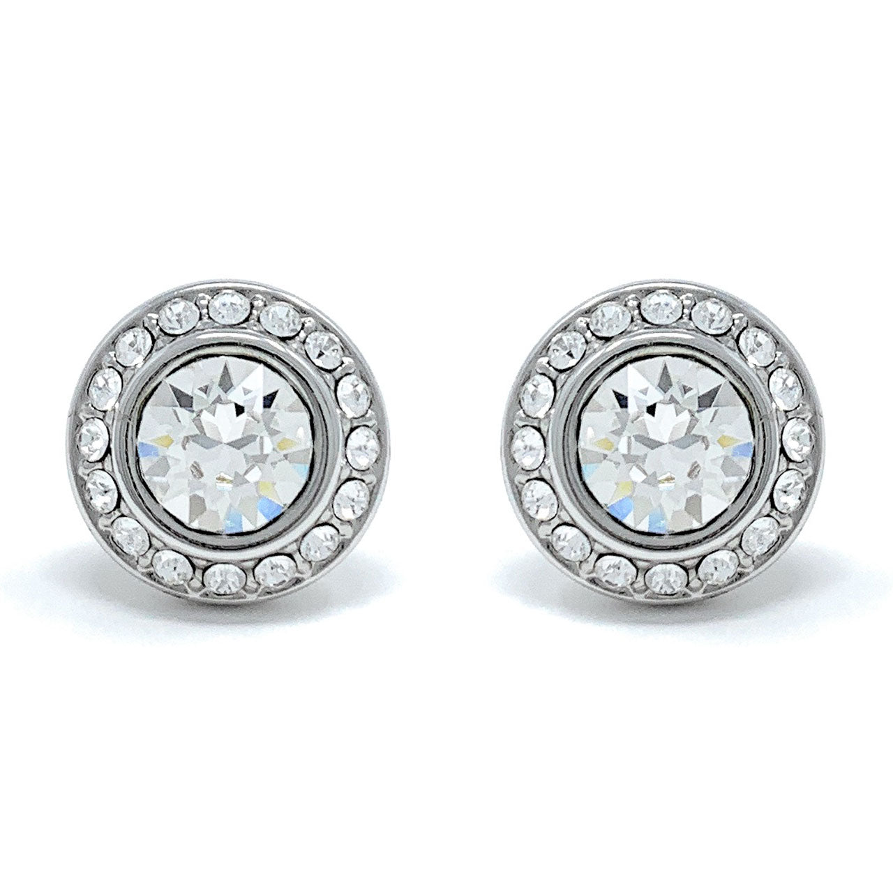 Halo Pave Stud Earrings with White Clear Round Crystals from Swarovski Silver Toned Rhodium Plated - Ed Heart