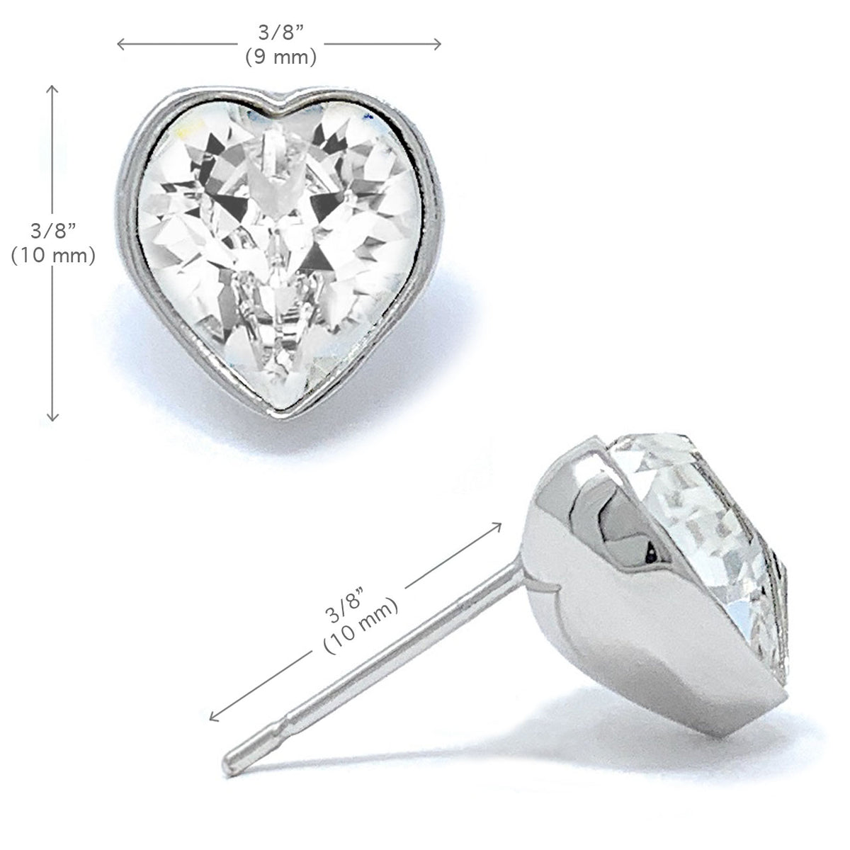 Lucia Stud Earrings with White Clear Heart Crystals from Swarovski Silver Toned Rhodium Plated - Ed Heart