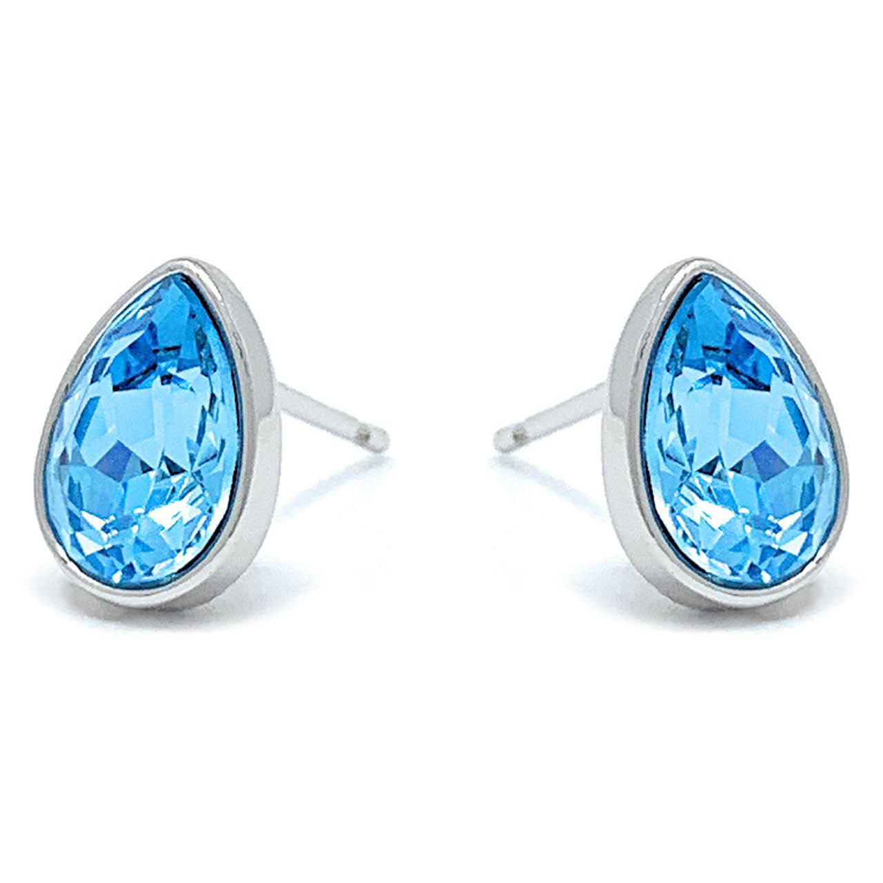 Mary Small Stud Earrings with Blue Aquamarine Drop Crystals from Swarovski Silver Toned Rhodium Plated - Ed Heart