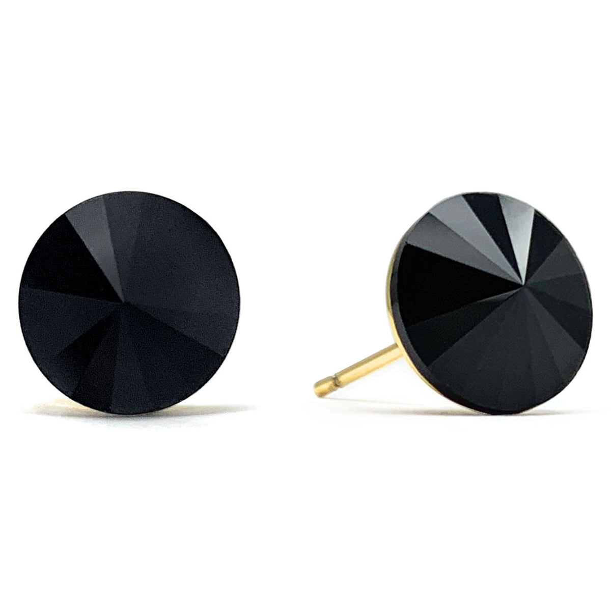 Harley Stud Earrings with Black Jet Round Rivoli Crystals from Swarovski Gold Plated - Ed Heart