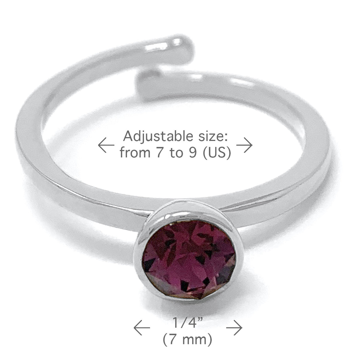 Harley Adjustable Ring with Purple Amethyst Round Crystals from Swarovski Silver Toned Rhodium Plated - Ed Heart