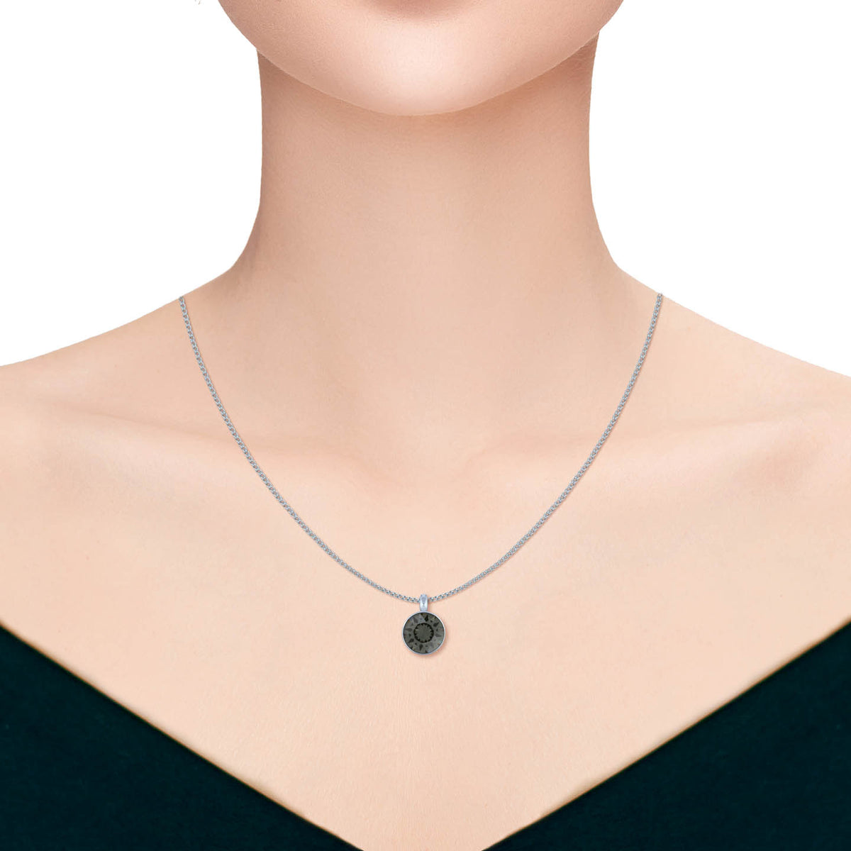 Bella Pendant Necklace with Black Diamond Round Crystals from Swarovski Silver Toned Rhodium Plated - Ed Heart