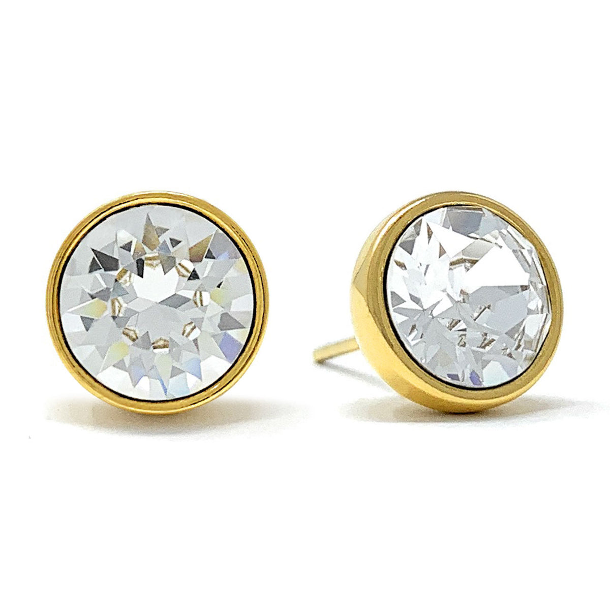 Harley Stud Earrings with White Clear Round Crystals from Swarovski Gold Plated - Ed Heart