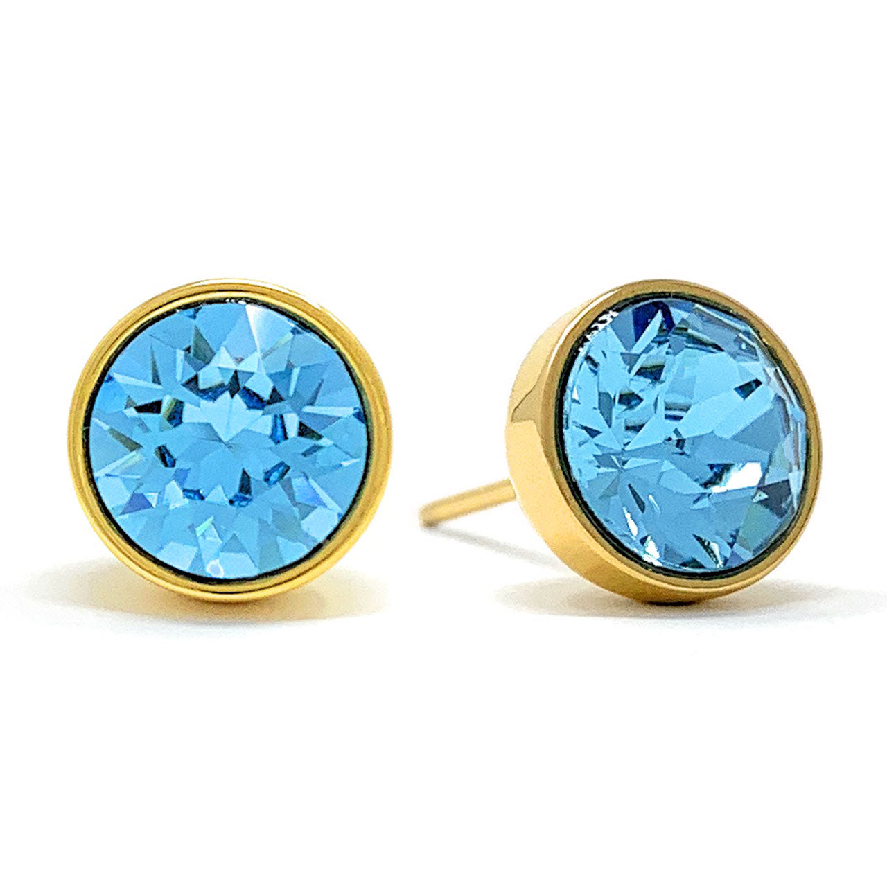 Harley Stud Earrings with Blue Aquamarine Round Crystals from Swarovski Gold Plated - Ed Heart