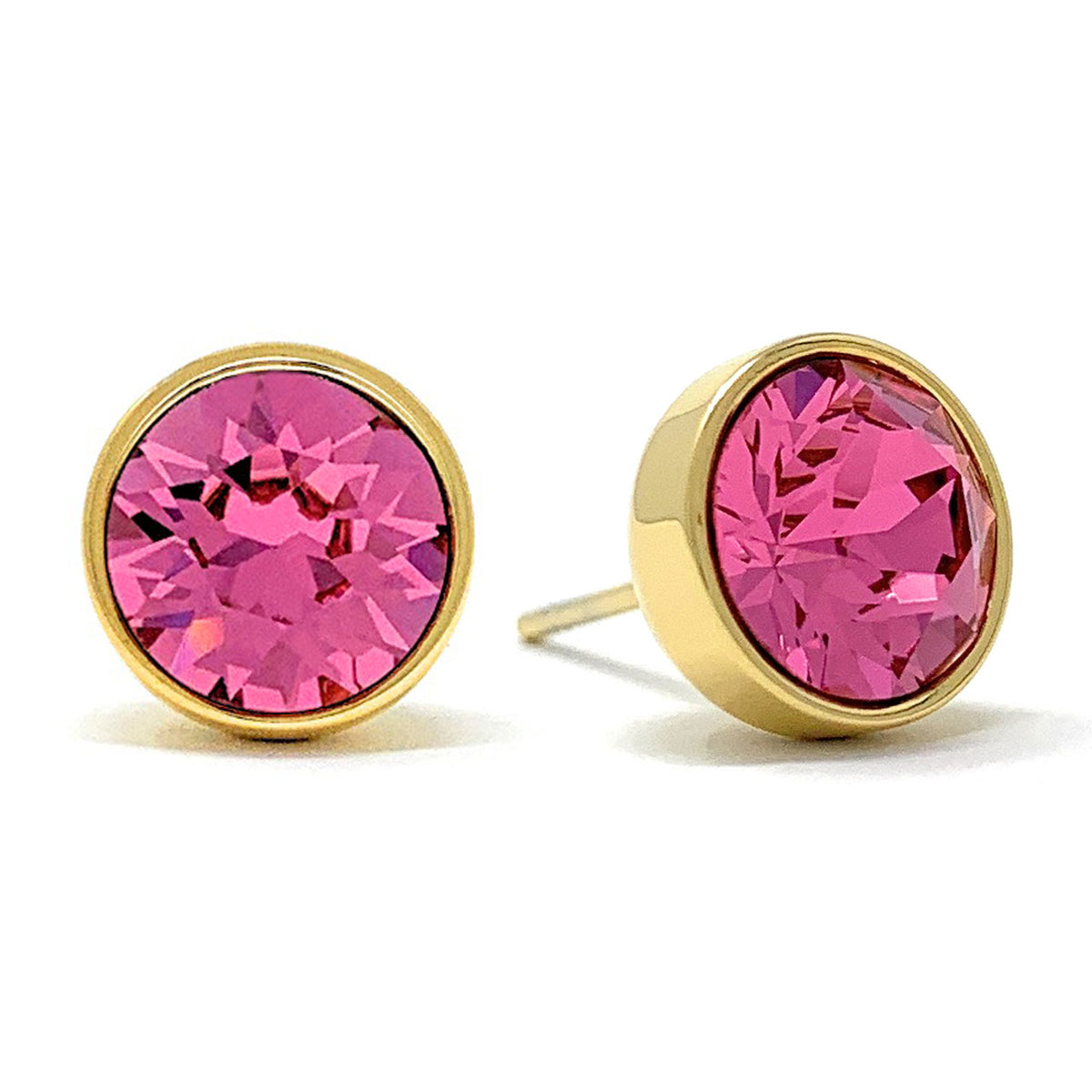 Harley Stud Earrings with Pink Rose Round Crystals from Swarovski Gold Plated - Ed Heart