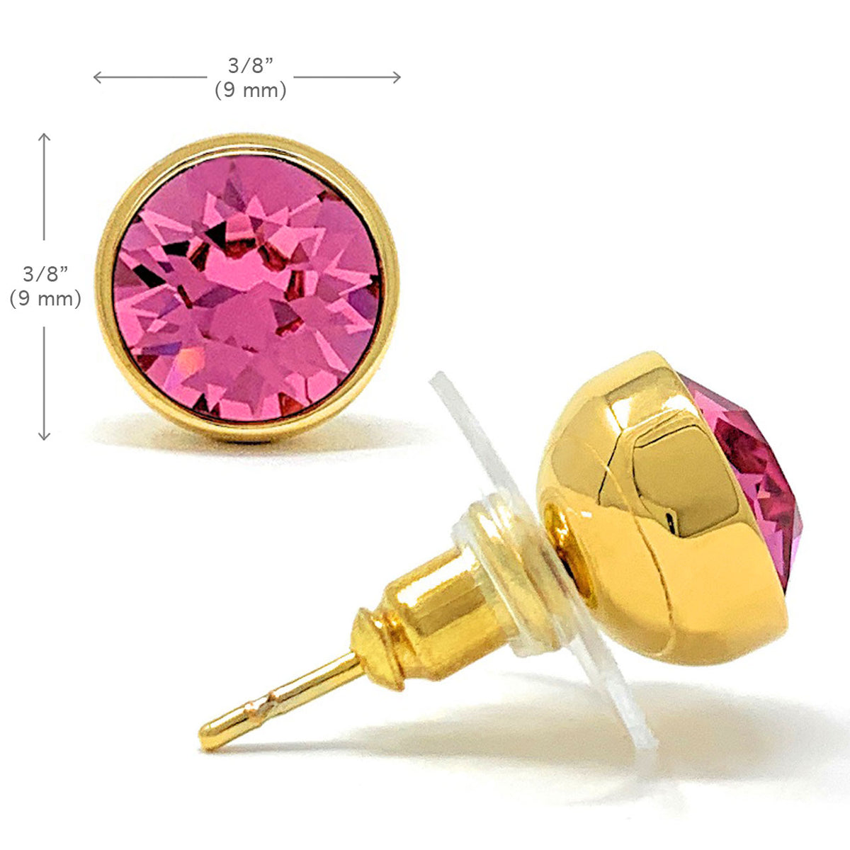 Harley Stud Earrings with Pink Rose Round Crystals from Swarovski Gold Plated - Ed Heart