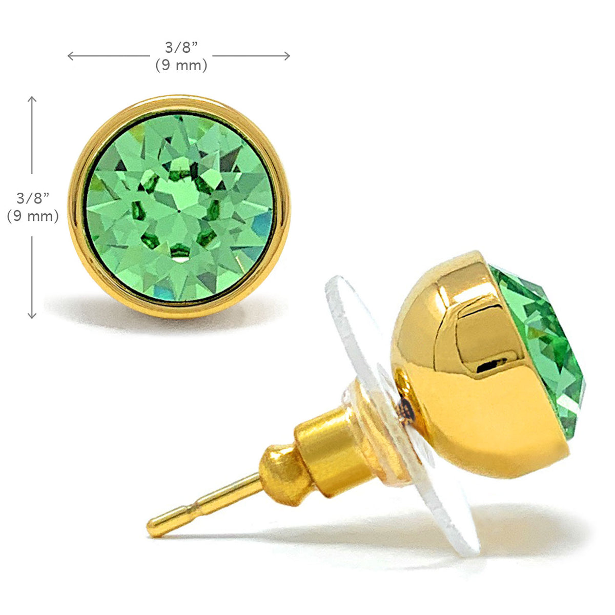 Harley Stud Earrings with Green Peridot Round Crystals from Swarovski Gold Plated - Ed Heart