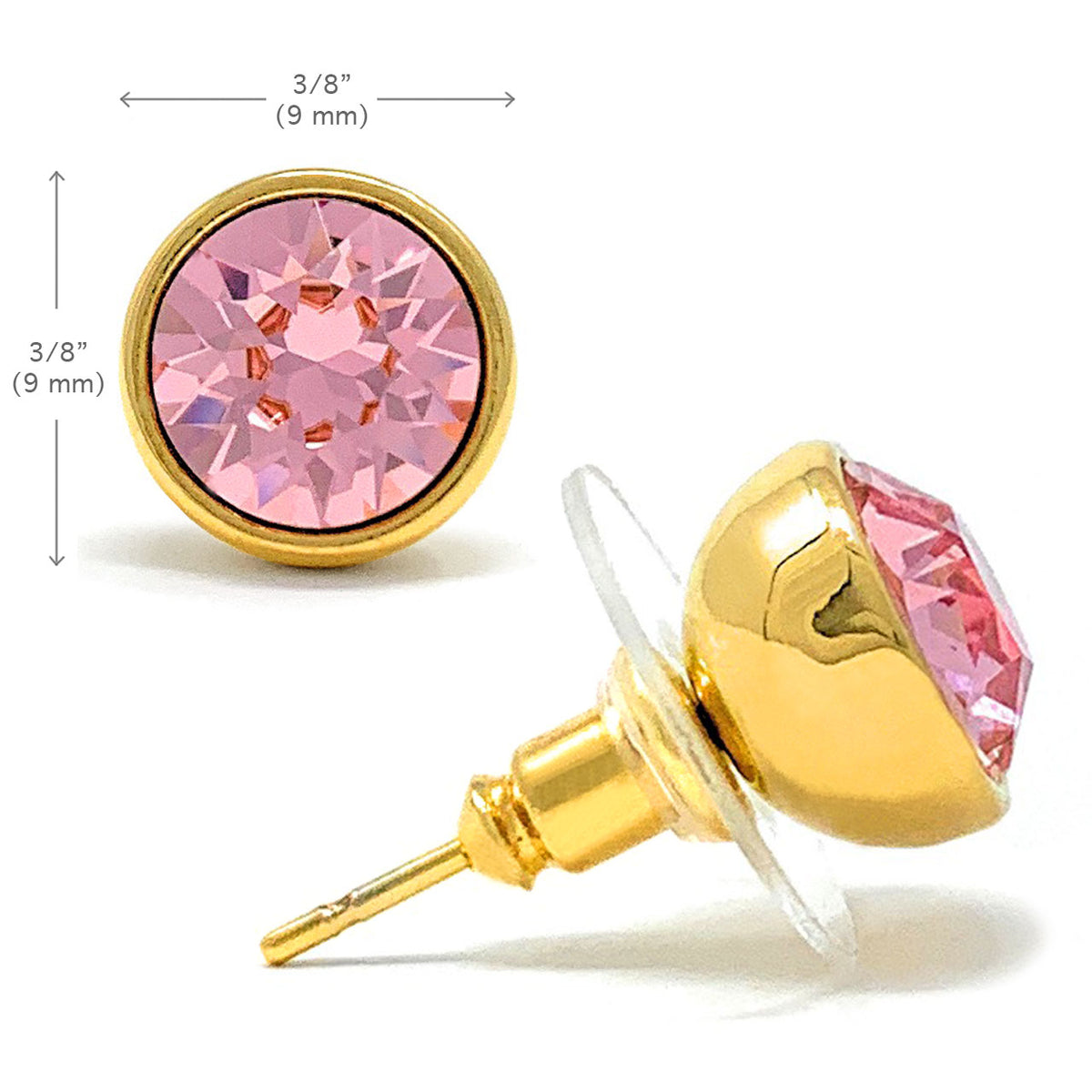 Harley Stud Earrings with Pink Light Rose Round Crystals from Swarovski Gold Plated - Ed Heart