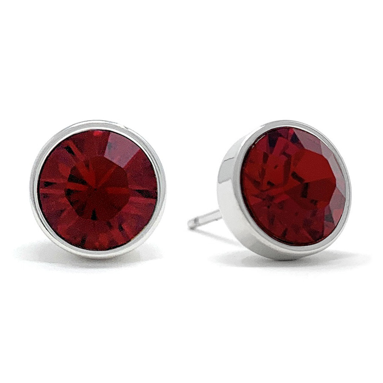 Harley Stud Earrings with Red Siam Round Crystals from Swarovski Silver Toned Rhodium Plated - Ed Heart