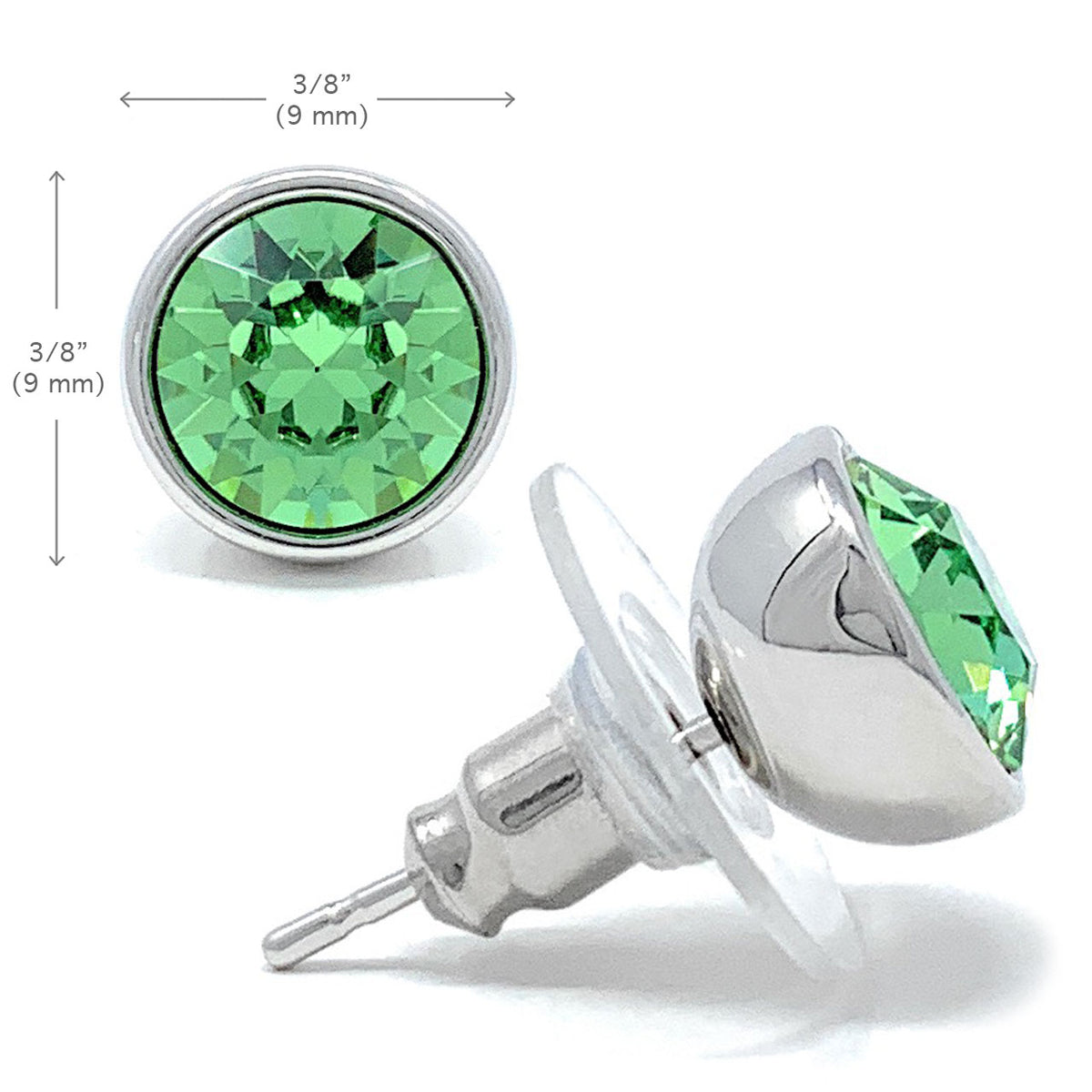 Harley Stud Earrings with Green Peridot Round Crystals from Swarovski Silver Toned Rhodium Plated - Ed Heart