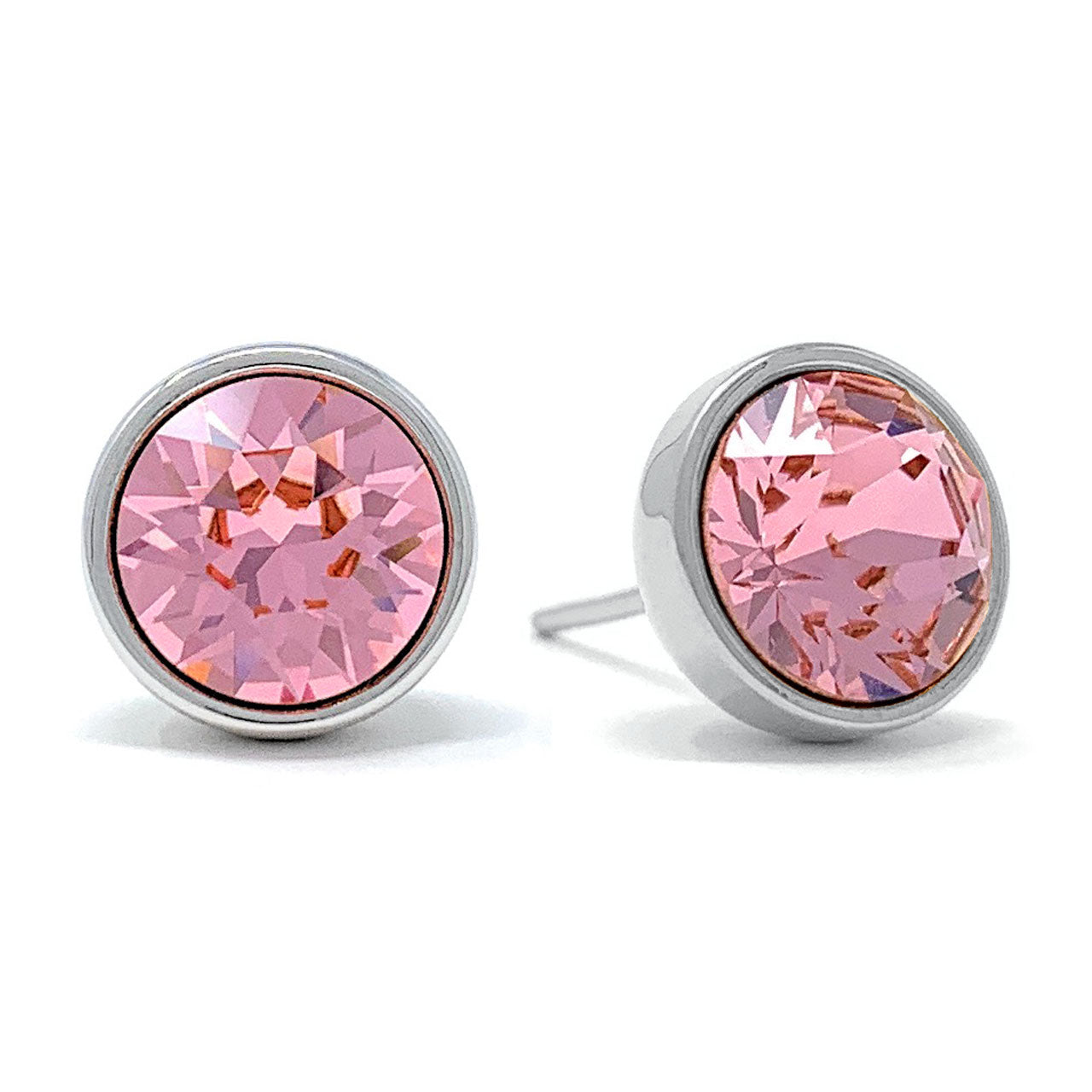 Harley Stud Earrings with Pink Light Rose Round Crystals from Swarovski Silver Toned Rhodium Plated - Ed Heart
