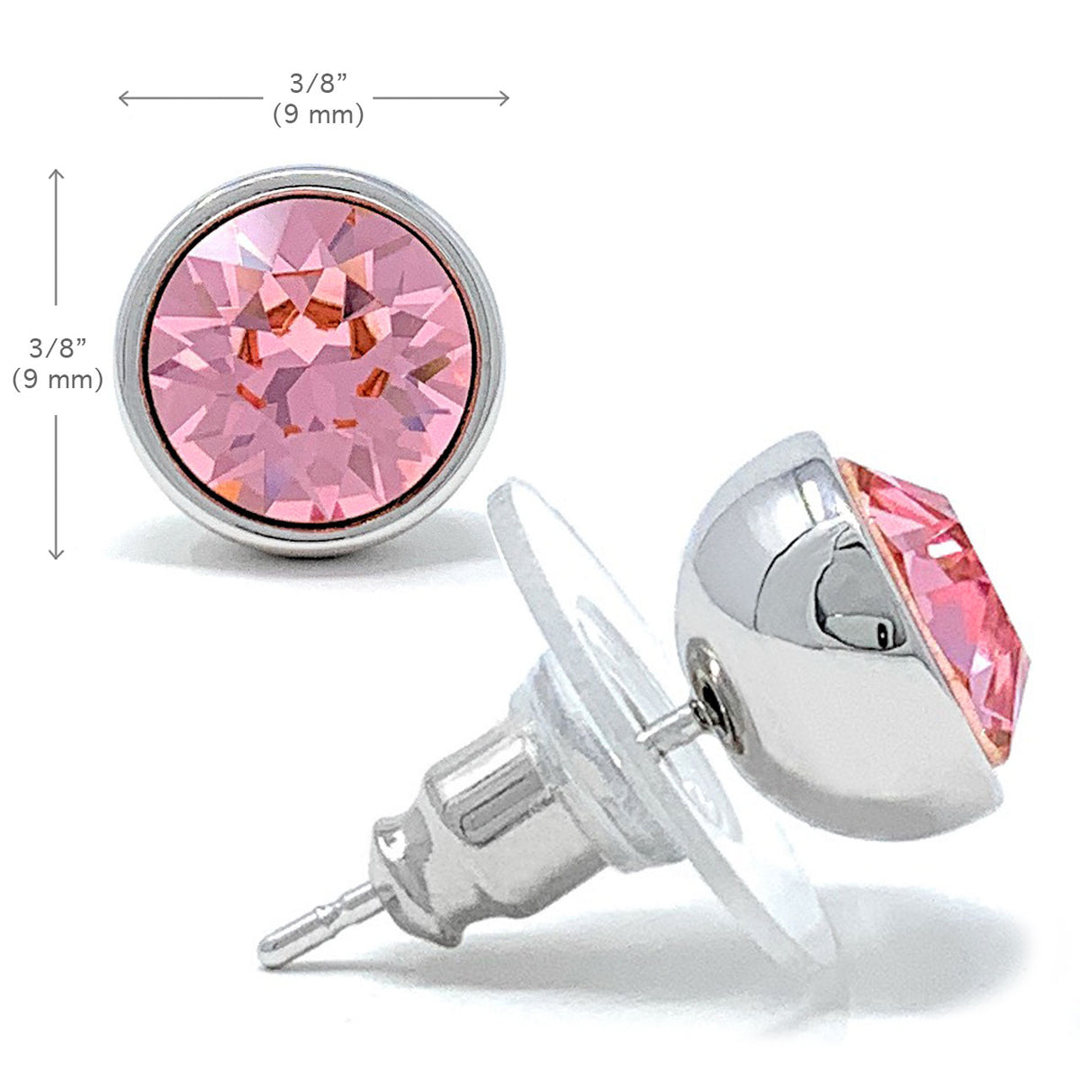Harley Stud Earrings with Pink Light Rose Round Crystals from Swarovski Silver Toned Rhodium Plated - Ed Heart
