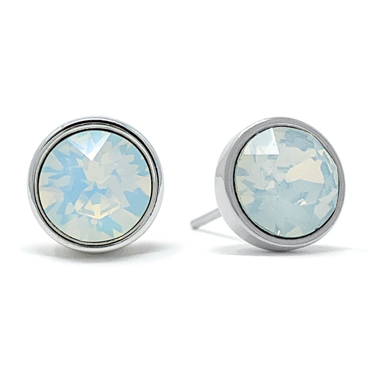 Harley Stud Earrings with Ivory White Round Opals from Swarovski Silver Toned Rhodium Plated - Ed Heart