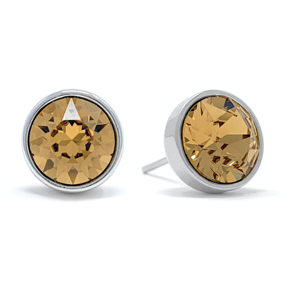 Harley Stud Earrings with Yellow Brown Light Topaz Round Crystals from Swarovski Silver Toned Rhodium Plated - Ed Heart