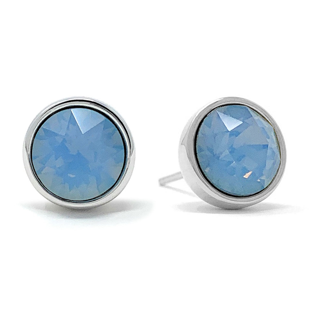 Harley Stud Earrings with Air Blue Round Opals from Swarovski Silver Toned Rhodium Plated - Ed Heart