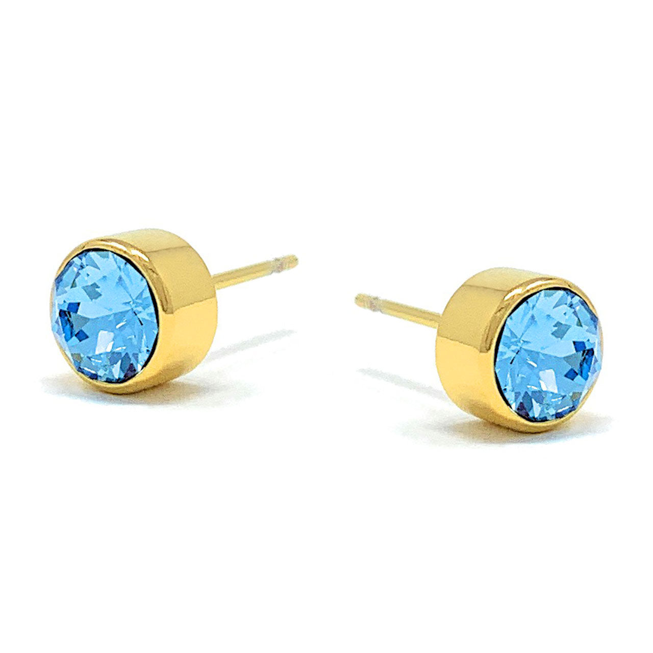 Harley Small Stud Earrings with Blue Aquamarine Round Crystals from Swarovski Gold Plated - Ed Heart