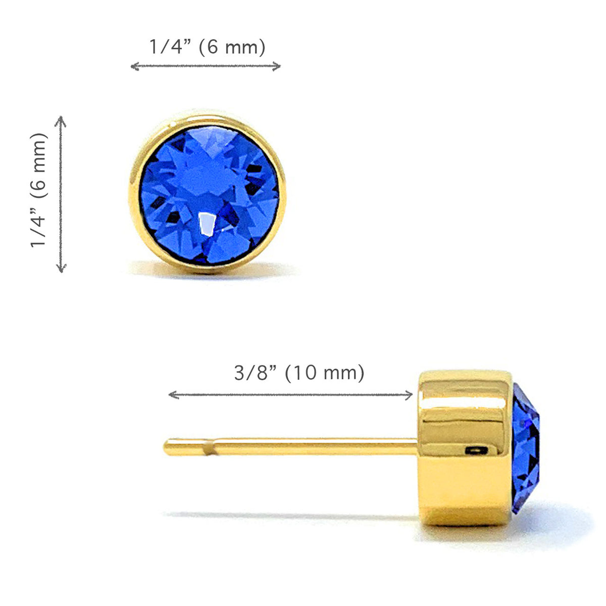 Harley Small Stud Earrings with Blue Sapphire Round Crystals from Swarovski Gold Plated - Ed Heart
