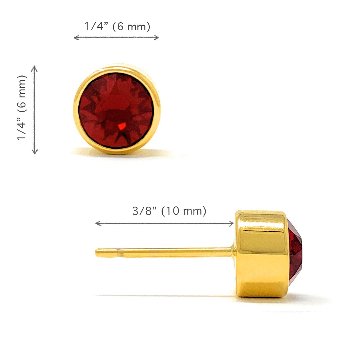 Harley Small Stud Earrings with Red Siam Round Crystals from Swarovski Gold Plated - Ed Heart