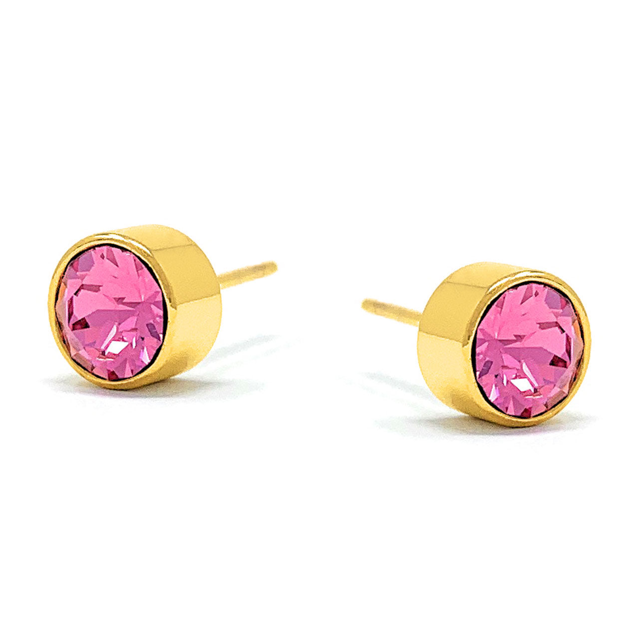 Harley Small Stud Earrings with Pink Rose Round Crystals from Swarovski Gold Plated - Ed Heart