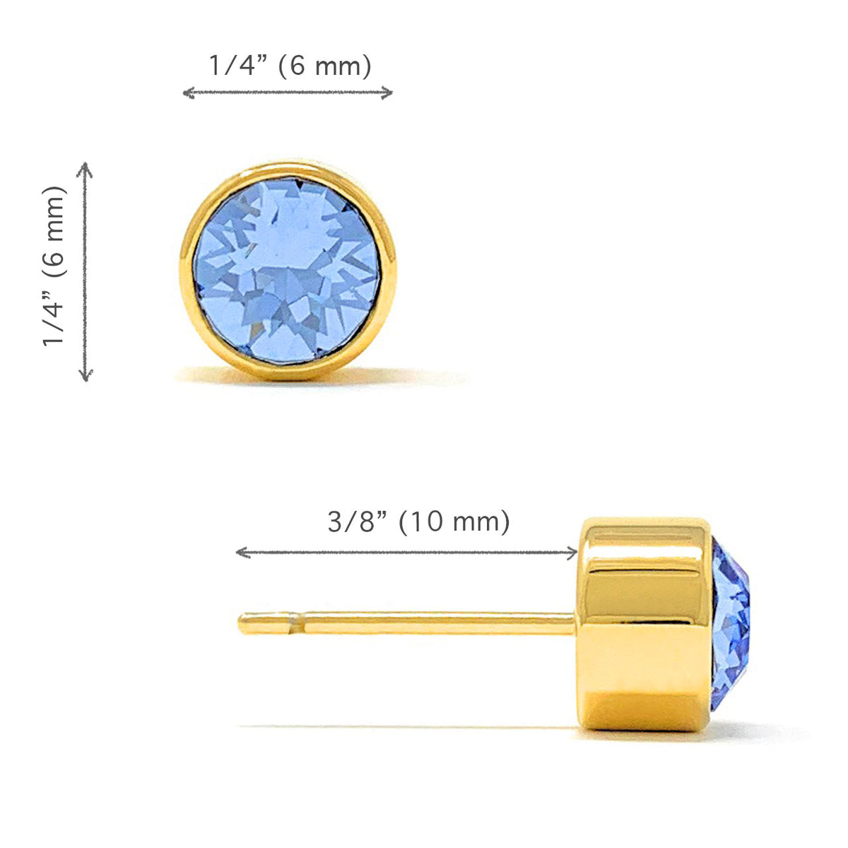Harley Small Stud Earrings with Blue Light Sapphire Round Crystals from Swarovski Gold Plated - Ed Heart