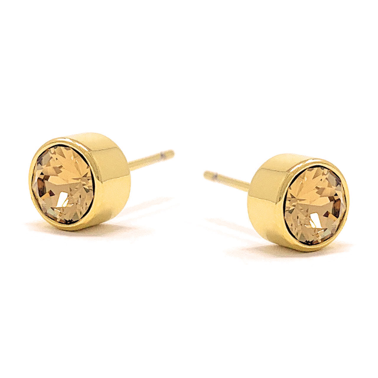 Harley Small Stud Earrings with Yellow Brown Light Topaz Round Crystals from Swarovski Gold Plated - Ed Heart