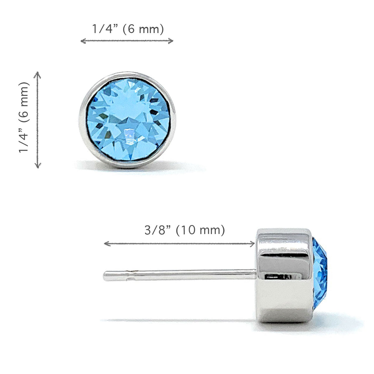 Harley Small Stud Earrings with Blue Aquamarine Round Crystals from Swarovski Silver Toned Rhodium Plated - Ed Heart