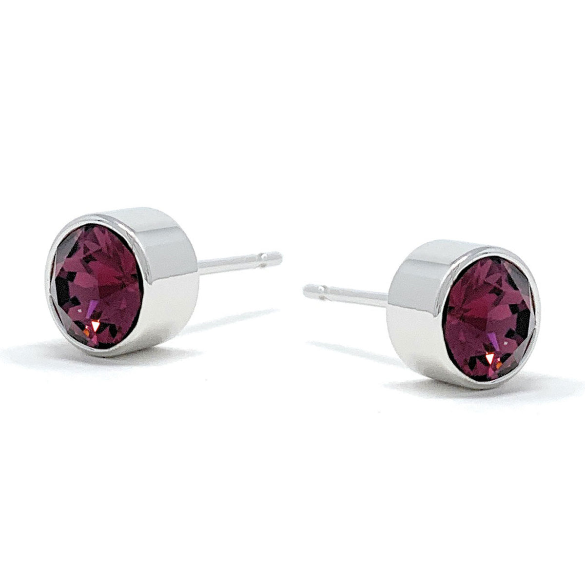 Harley Small Stud Earrings with Purple Amethyst Round Crystals from Swarovski Silver Toned Rhodium Plated - Ed Heart