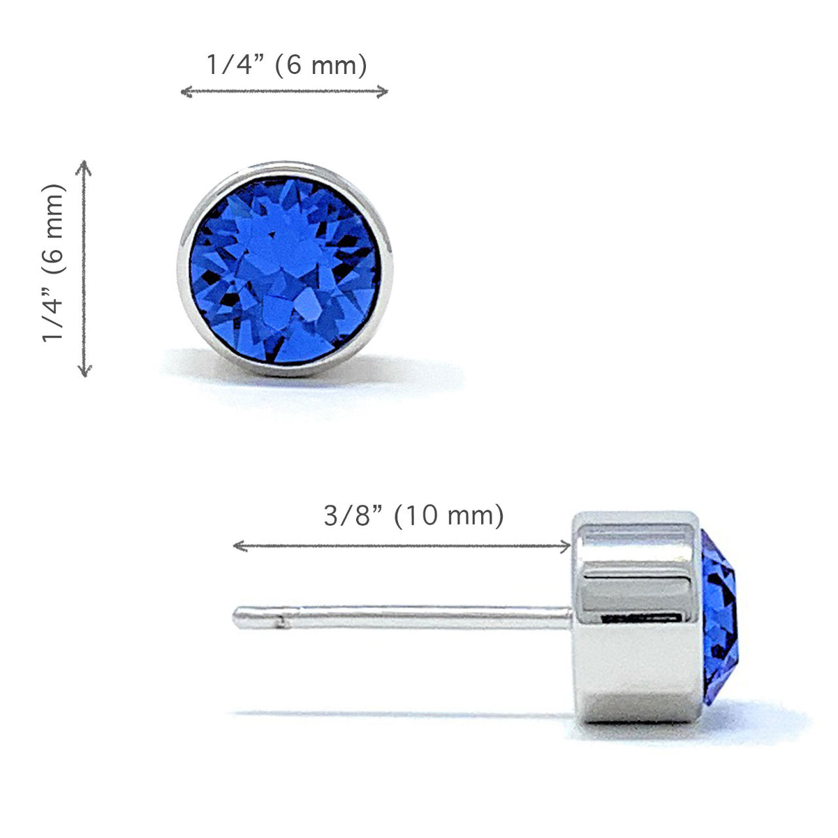 Harley Small Stud Earrings with Blue Sapphire Round Crystals from Swarovski Silver Toned Rhodium Plated - Ed Heart