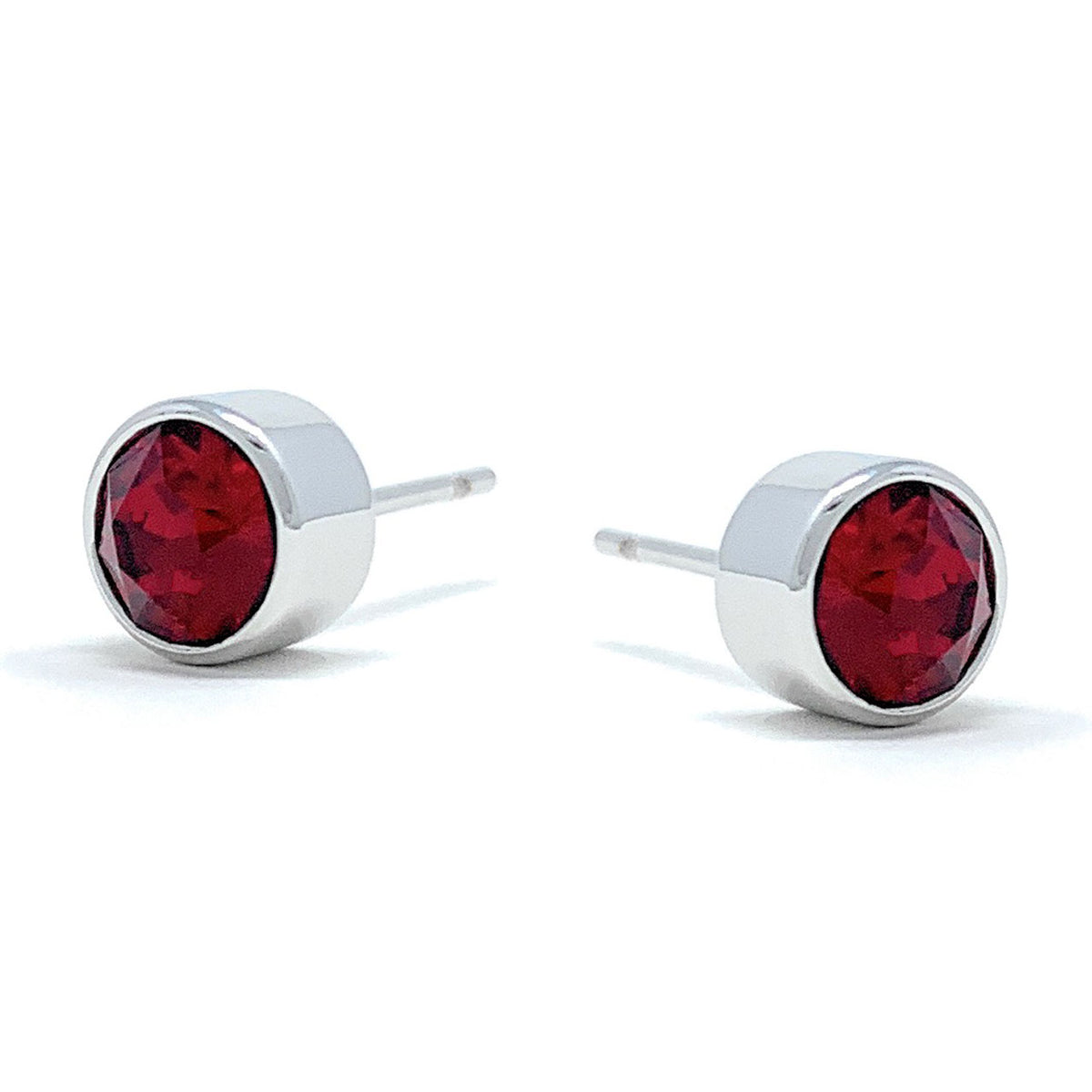 Harley Small Stud Earrings with Red Siam Round Crystals from Swarovski Silver Toned Rhodium Plated - Ed Heart