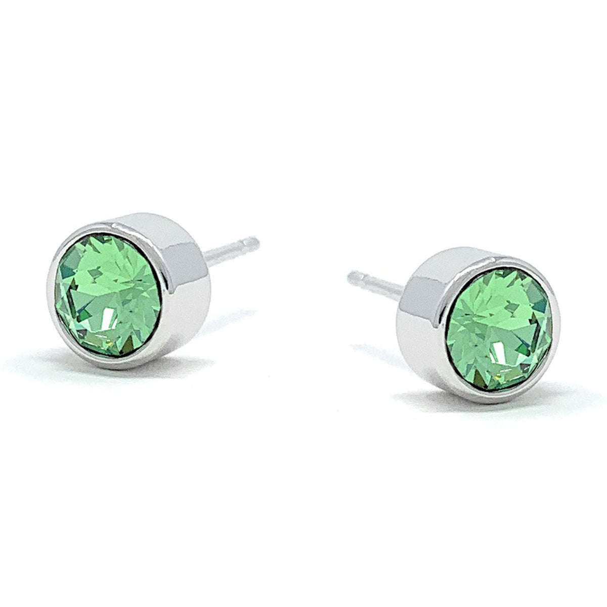 Harley Small Stud Earrings with Green Peridot Round Crystals from Swarovski Silver Toned Rhodium Plated - Ed Heart