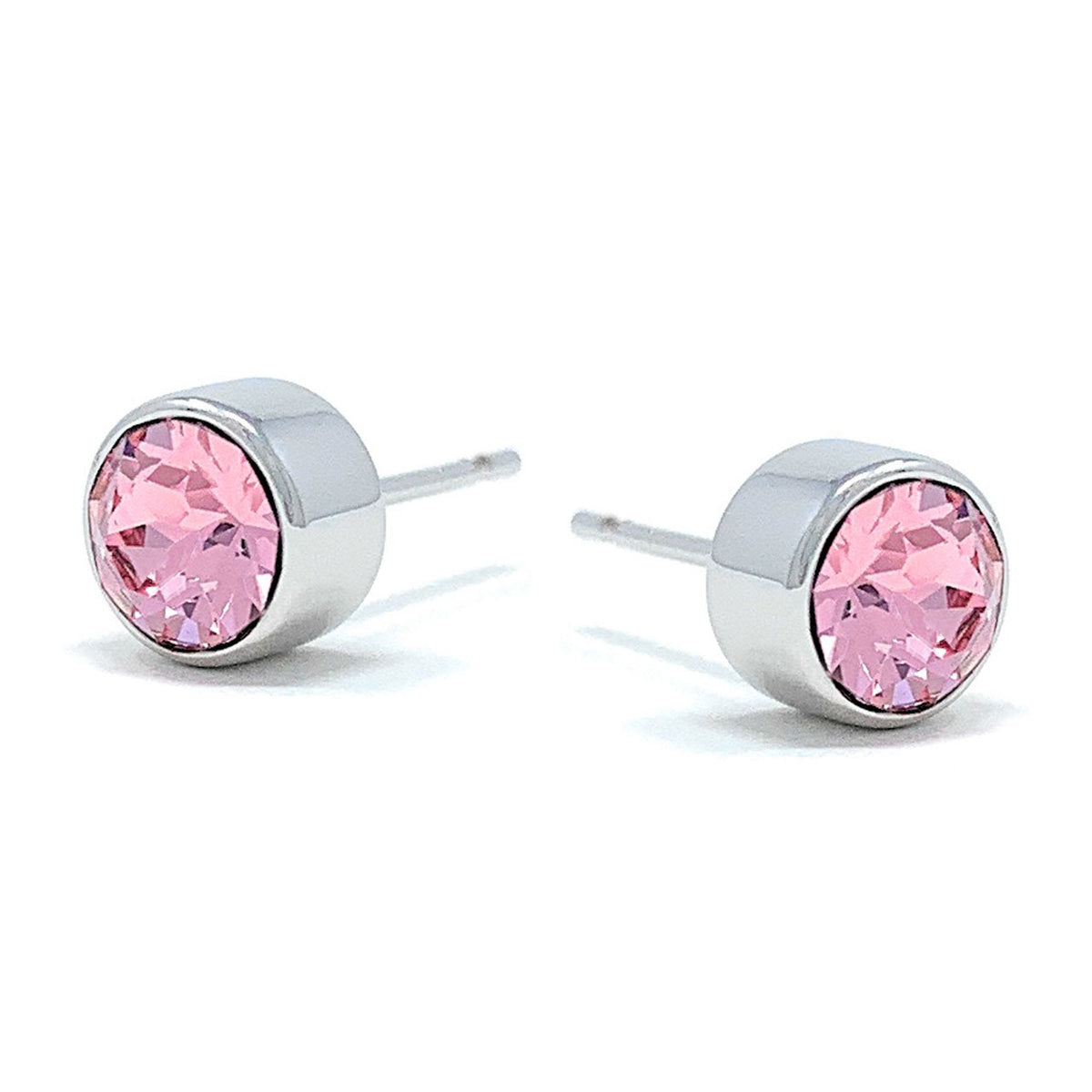Harley Small Stud Earrings with Pink Light Rose Round Crystals from Swarovski Silver Toned Rhodium Plated - Ed Heart