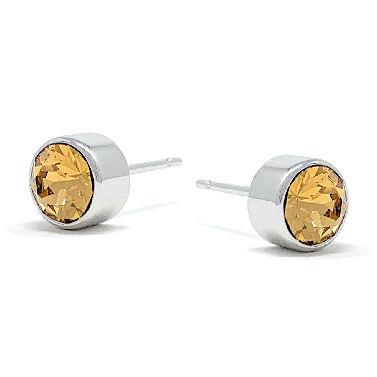 Harley Small Stud Earrings with Yellow Brown Light Topaz Round Crystals from Swarovski Silver Toned Rhodium Plated - Ed Heart