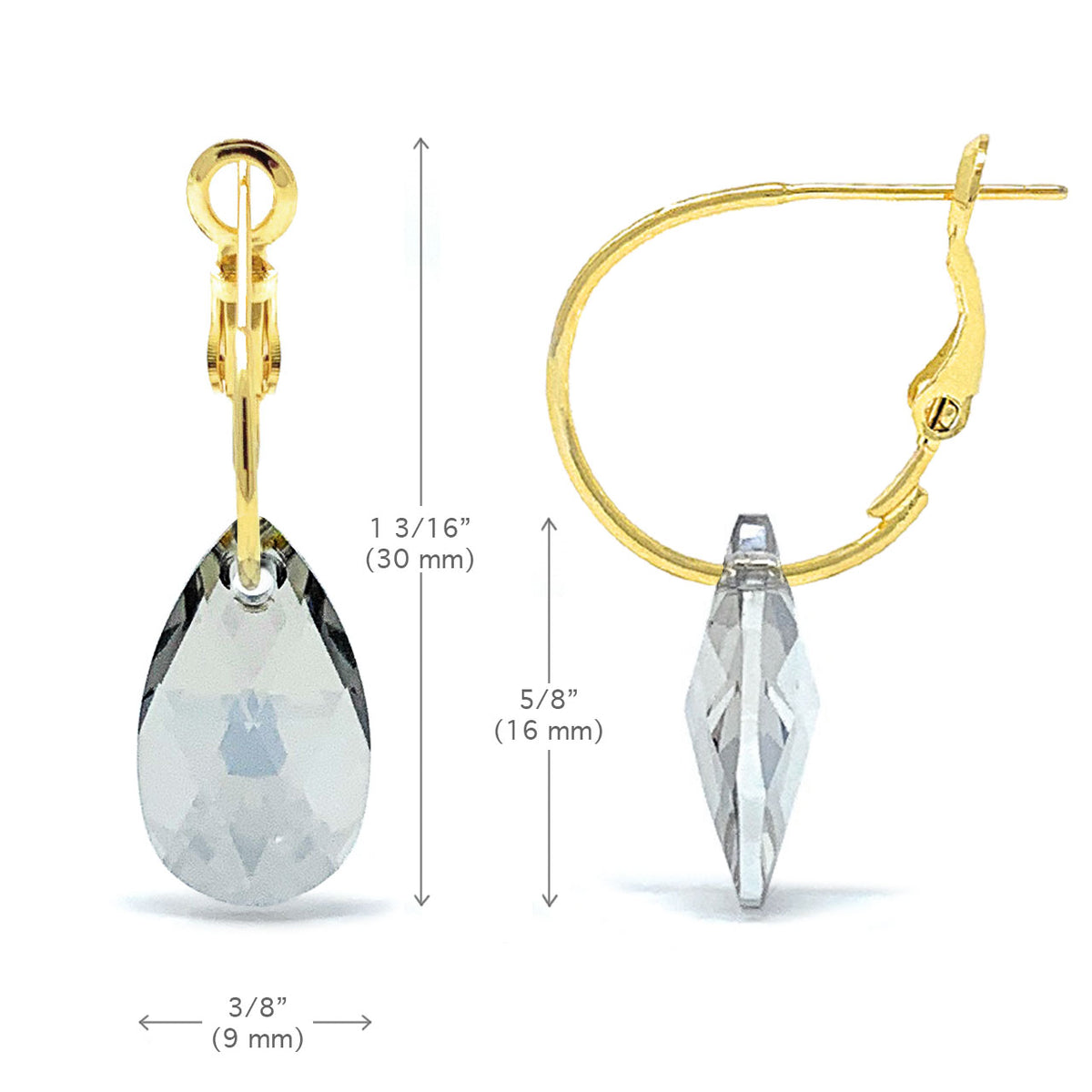 Aurora Small Drop Earrings with Grey Silver Shade Pear Crystals from Swarovski Gold Plated - Ed Heart