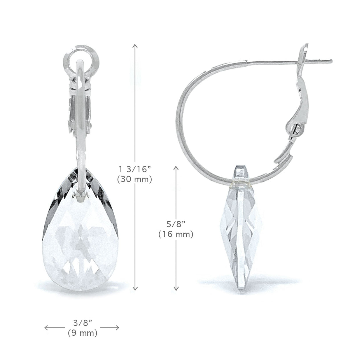 Aurora Small Drop Earrings with White Clear Pear Crystals from Swarovski Silver Toned Rhodium Plated - Ed Heart