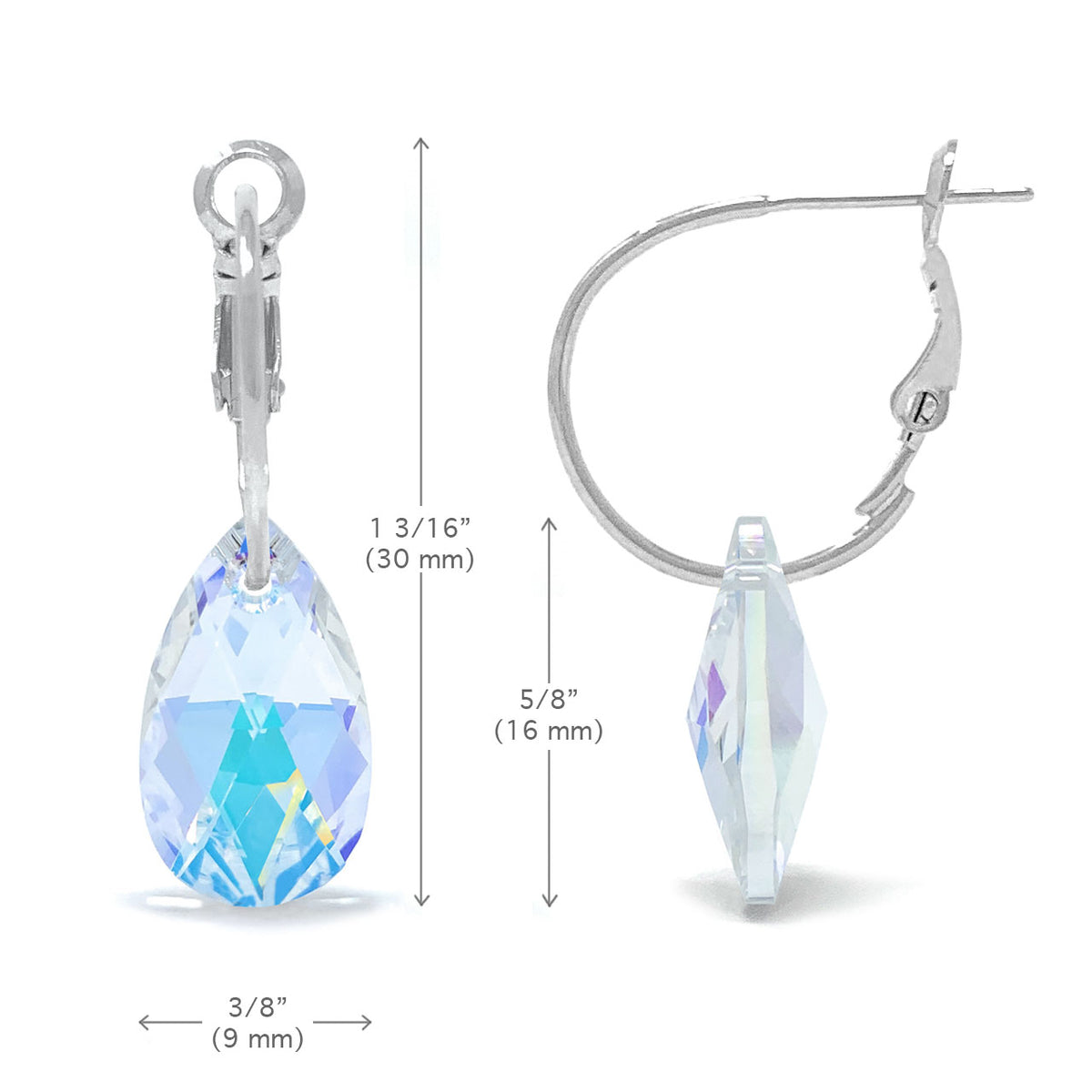 Aurora Small Drop Earrings with Clear Multicolor Aurore Boreale Pear Crystals from Swarovski Silver Toned Rhodium Plated - Ed Heart