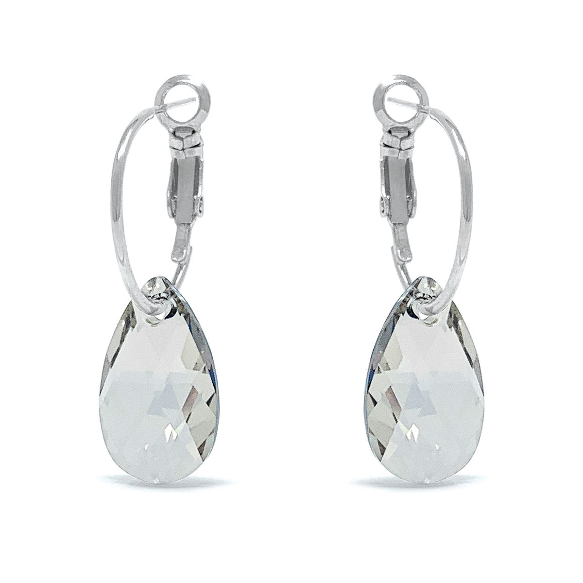Aurora Small Drop Earrings with Grey Silver Shade Pear Crystals from Swarovski Silver Toned Rhodium Plated - Ed Heart