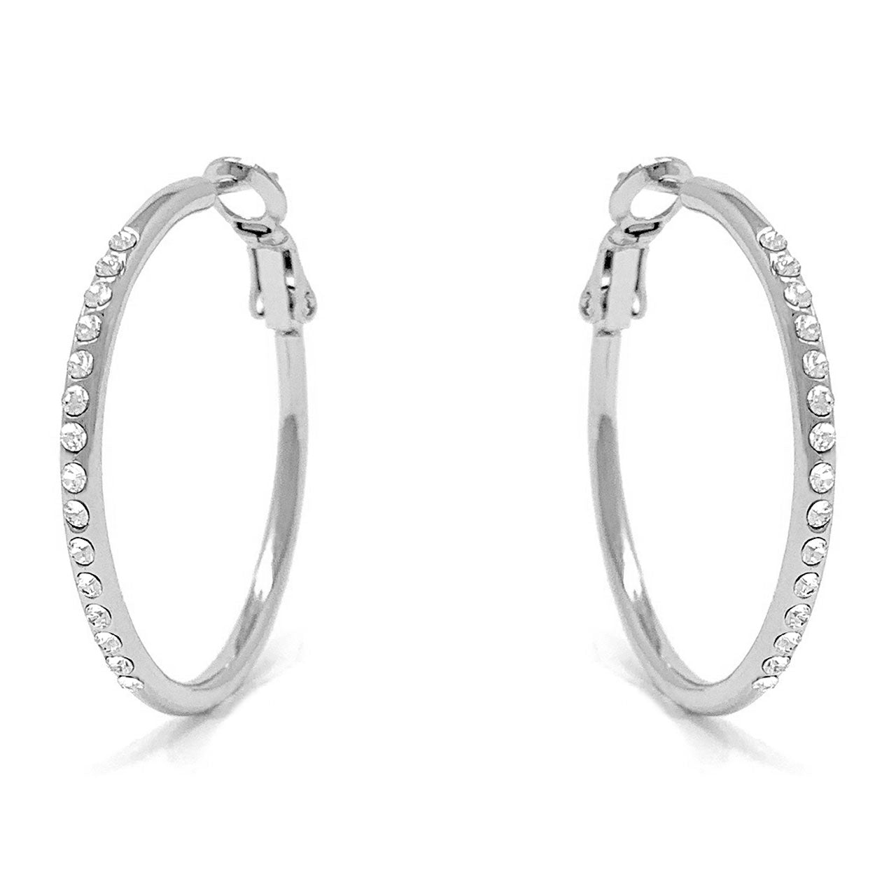 Amelia Small Pave Hoop Earrings with White Clear Round Crystals from Swarovski Silver Toned Rhodium Plated - Ed Heart