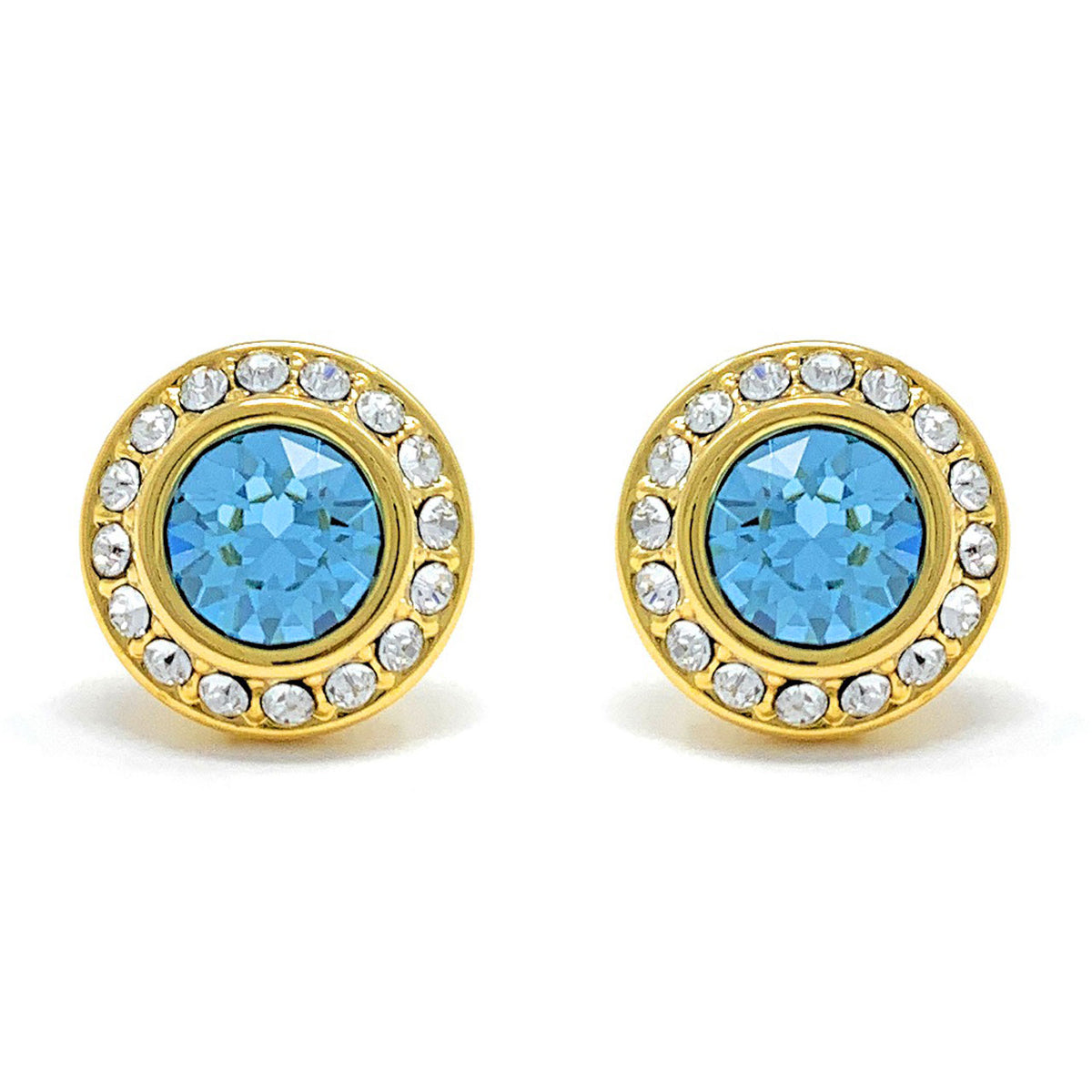 Halo Pave Stud Earrings with Blue Aquamarine Round Crystals from Swarovski Gold Plated - Ed Heart