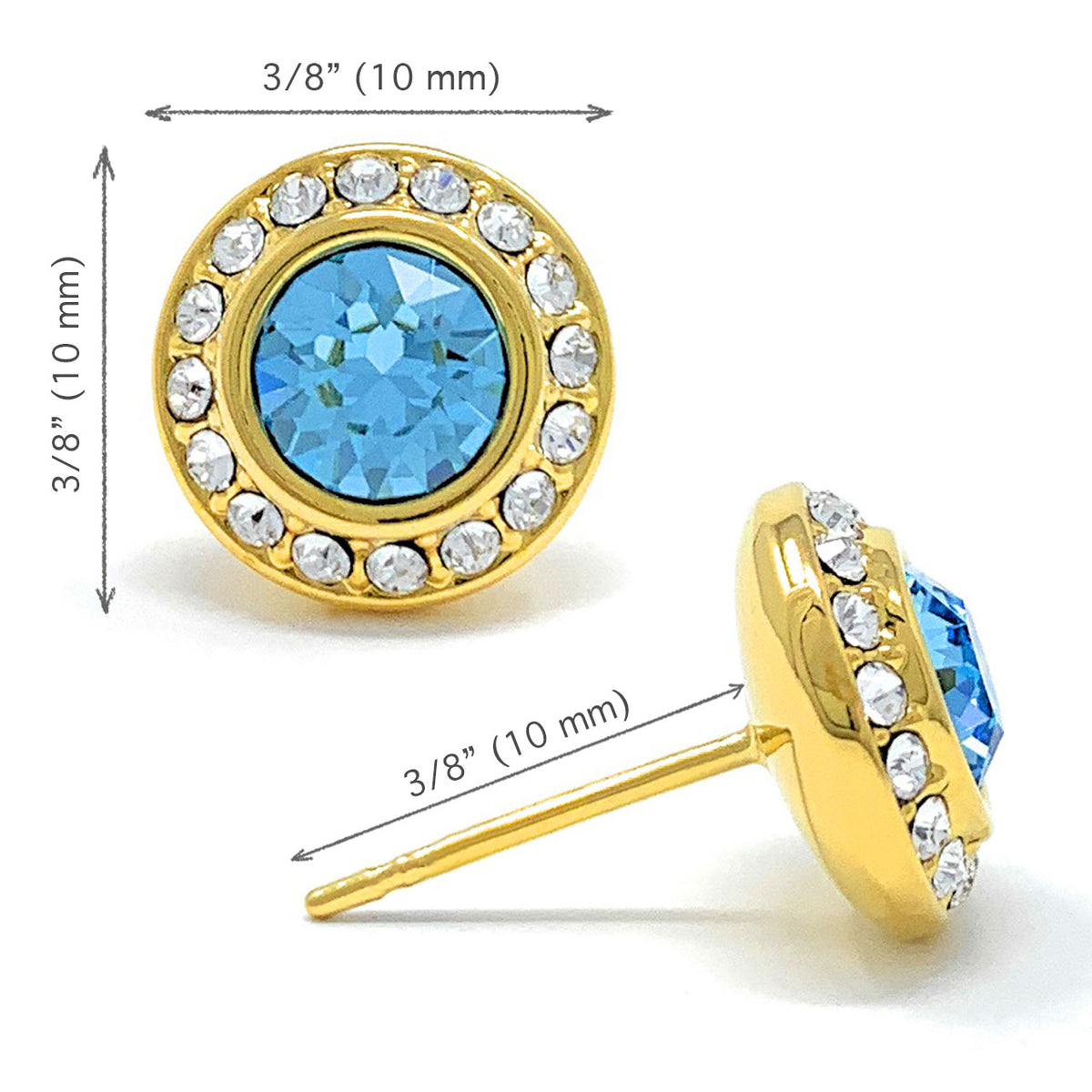 Halo Pave Stud Earrings with Blue Aquamarine Round Crystals from Swarovski Gold Plated - Ed Heart