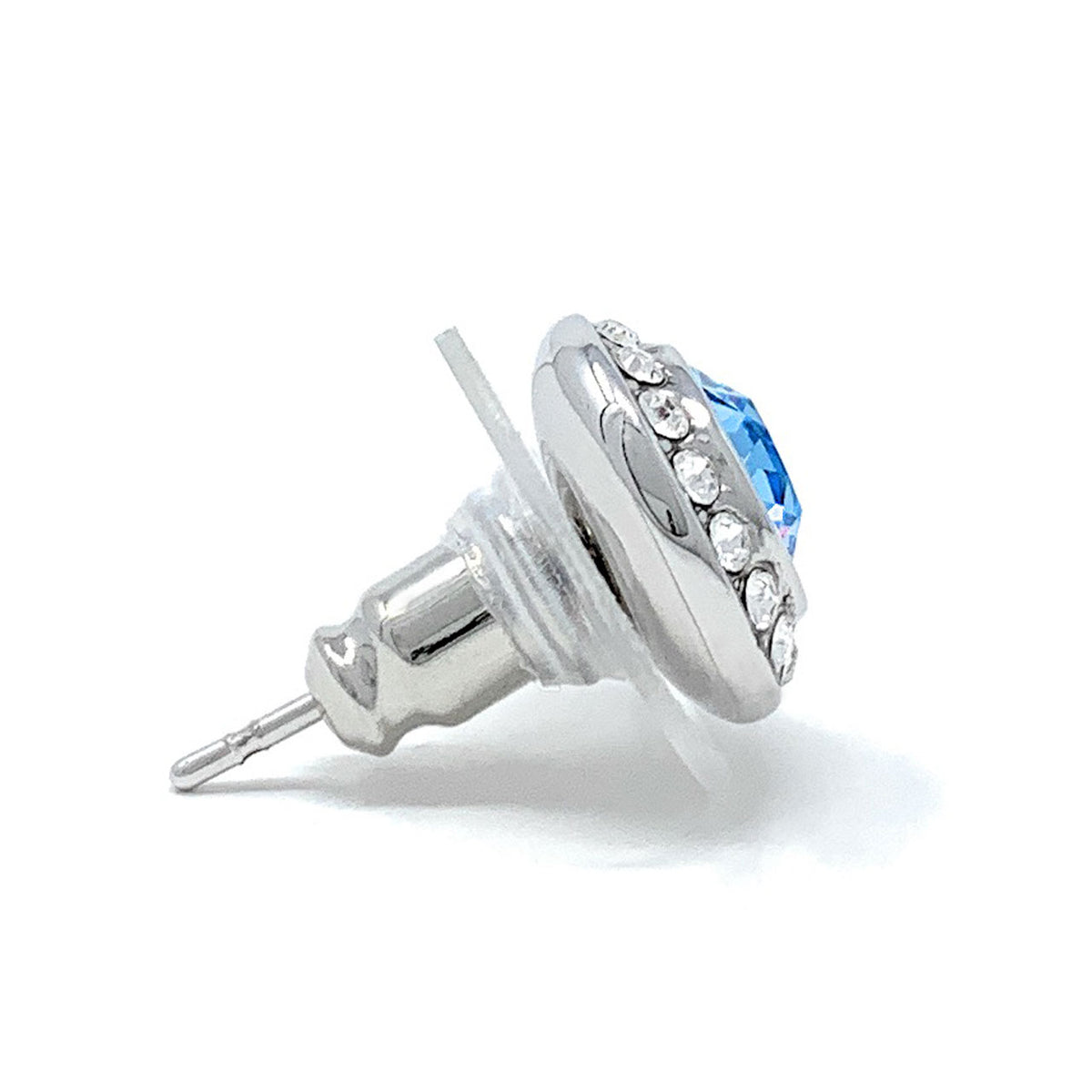 Halo Pave Stud Earrings with Blue Aquamarine Round Crystals from Swarovski Silver Toned Rhodium Plated - Ed Heart