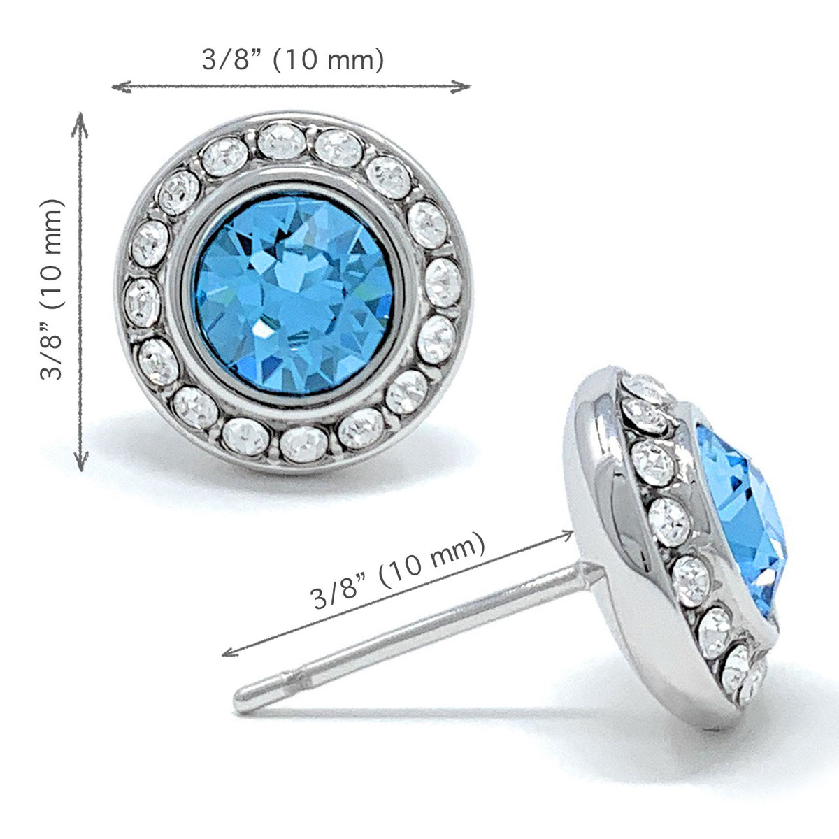 Halo Pave Stud Earrings with Blue Aquamarine Round Crystals from Swarovski Silver Toned Rhodium Plated - Ed Heart