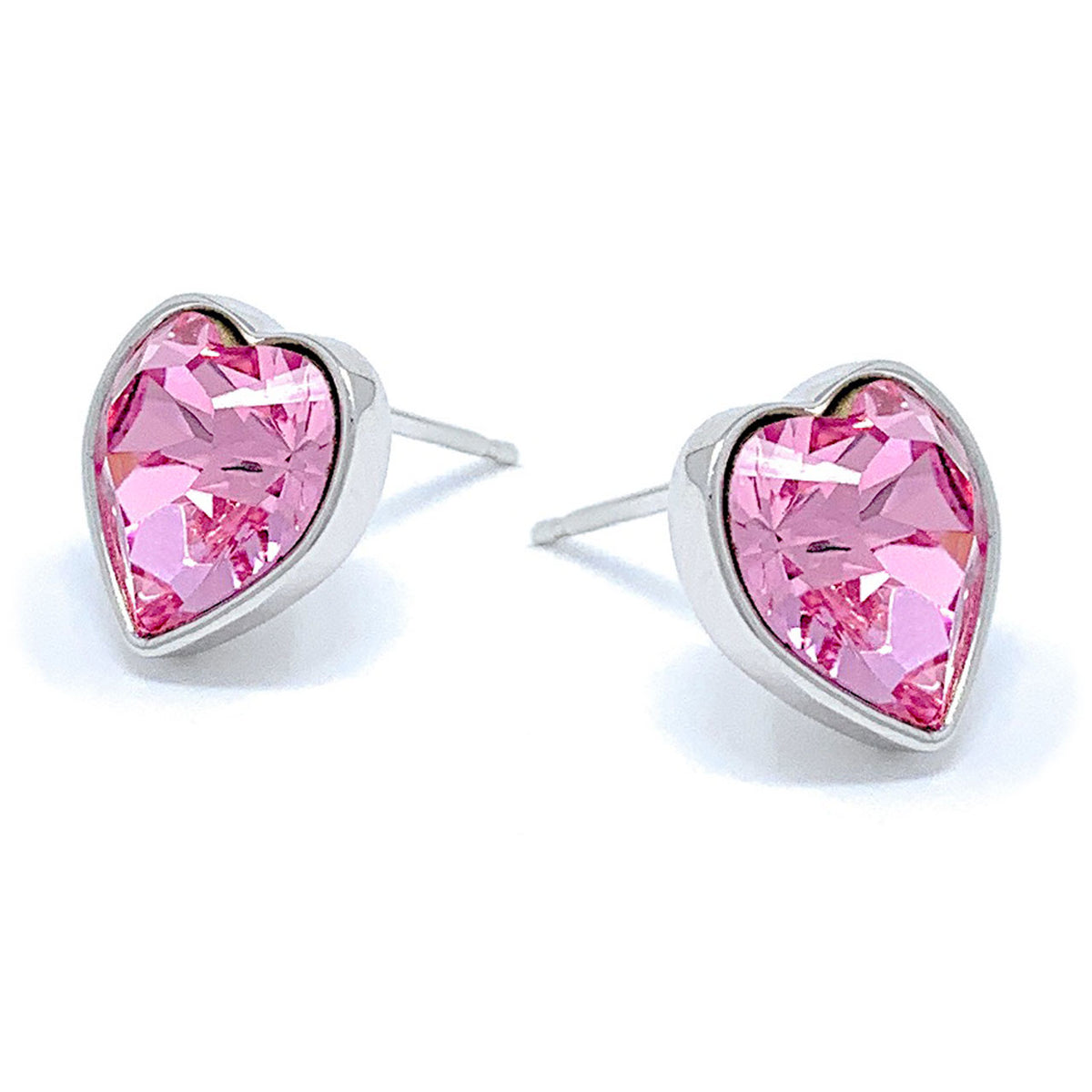 Lucia Stud Earrings with Pink Light Rose Heart Crystals from Swarovski Silver Toned Rhodium Plated - Ed Heart
