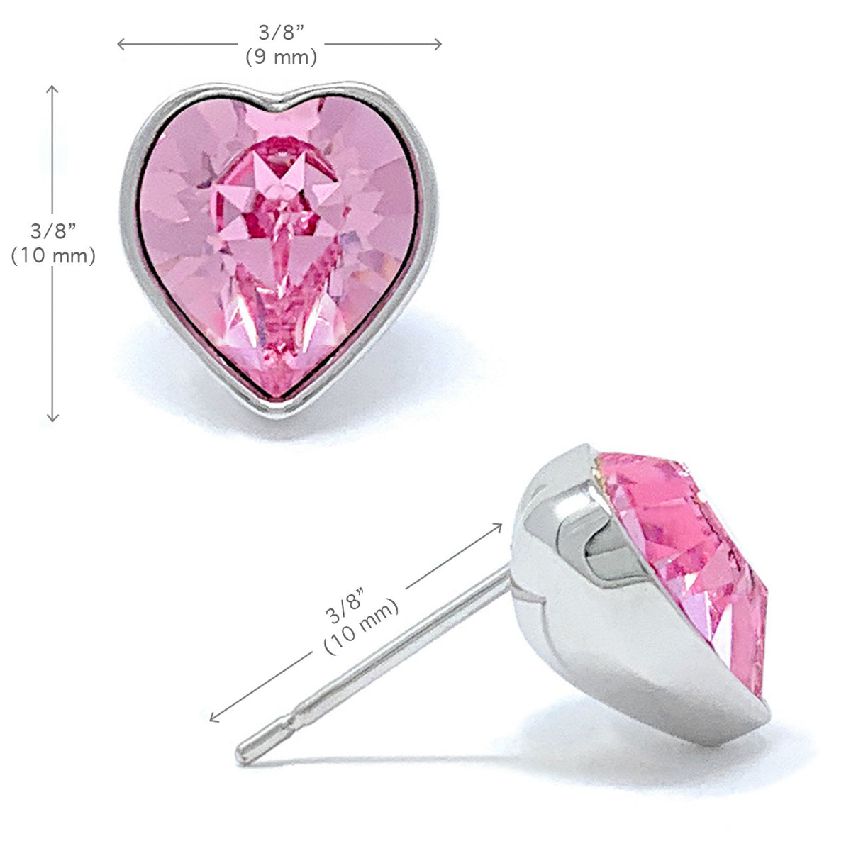 Lucia Stud Earrings with Pink Light Rose Heart Crystals from Swarovski Silver Toned Rhodium Plated - Ed Heart