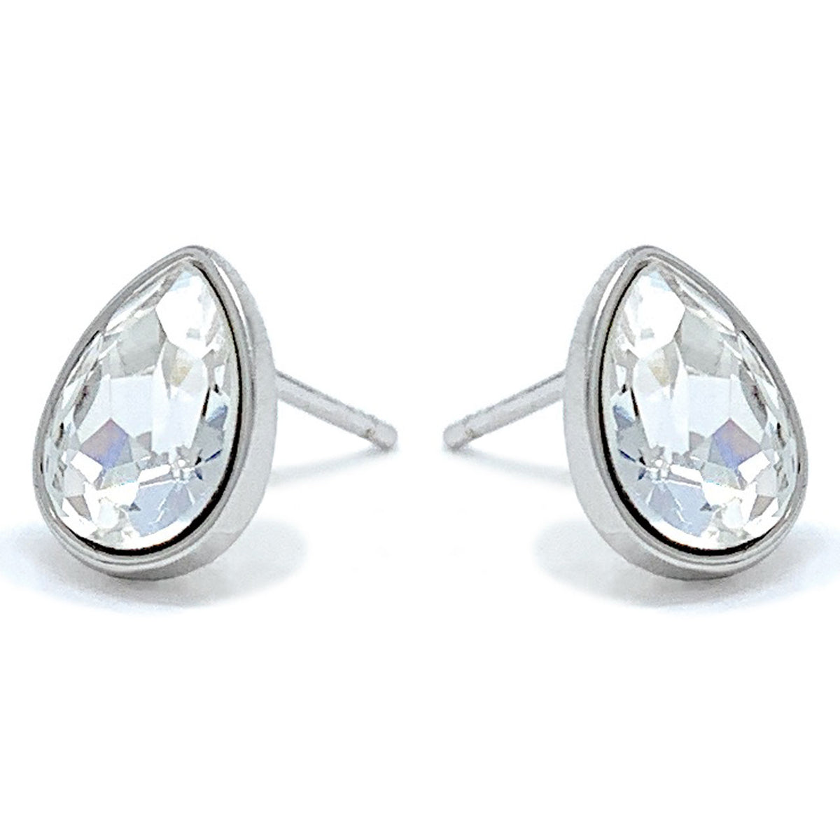 Mary Small Stud Earrings with White Clear Drop Crystals from Swarovski Silver Toned Rhodium Plated - Ed Heart