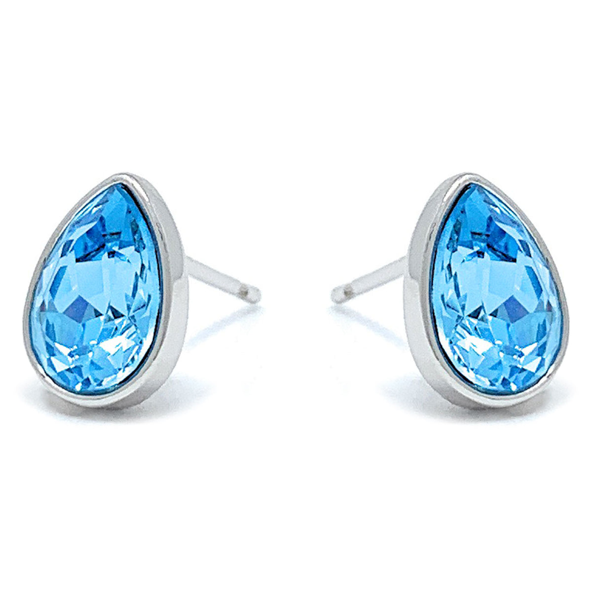 Mary Small Stud Earrings with Blue Aquamarine Drop Crystals from Swarovski Silver Toned Rhodium Plated - Ed Heart