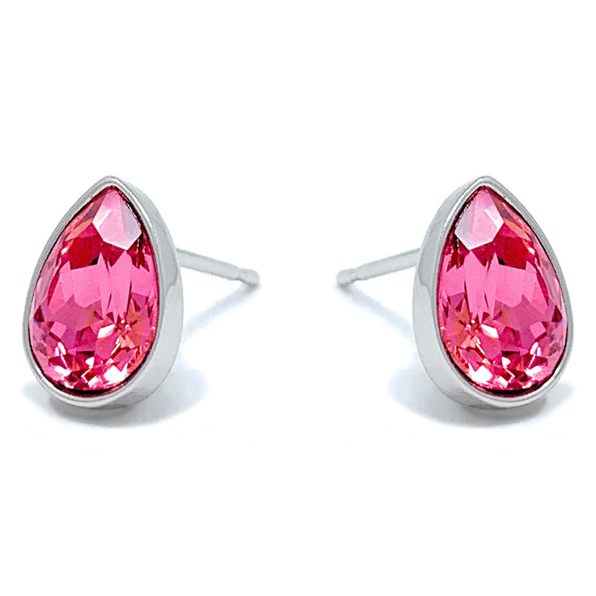 Mary Small Stud Earrings with Pink Rose Drop Crystals from Swarovski Silver Toned Rhodium Plated - Ed Heart