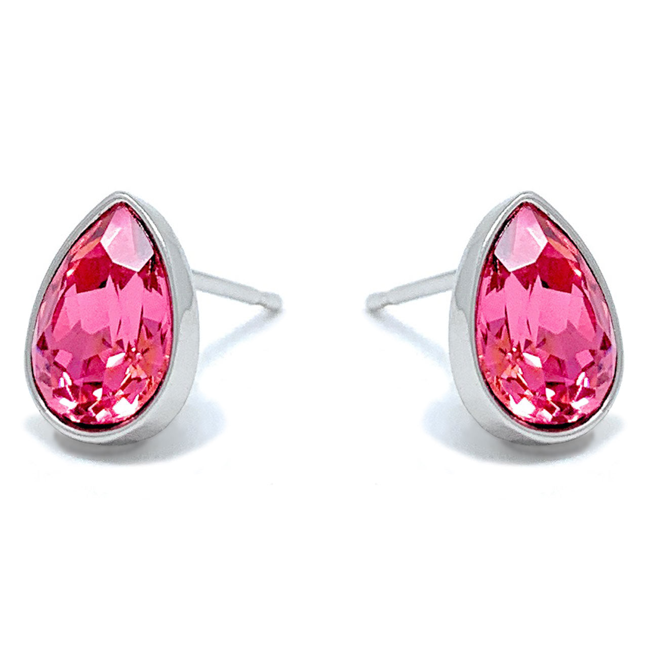 Mary Small Stud Earrings with Pink Rose Drop Crystals from Swarovski Silver Toned Rhodium Plated - Ed Heart